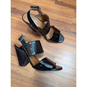 Franco Sarto Black Patent Leather Block Heel Sandals- Size 9- Ankle Strap